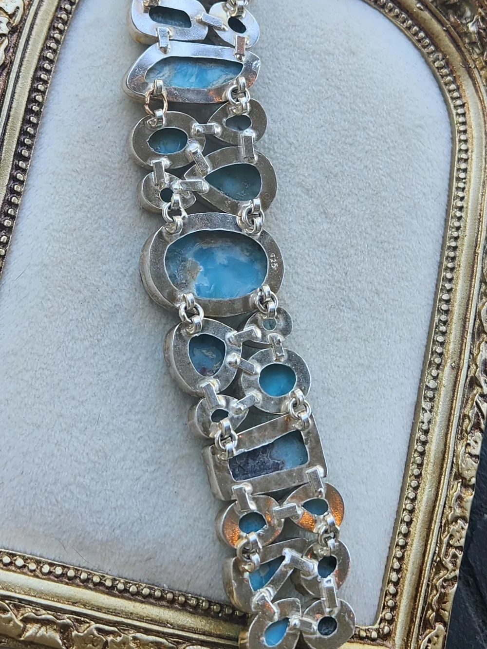 925 Sterling Silver Larimar Blue Topaz Chunky Statement Link Bracelet Boho
